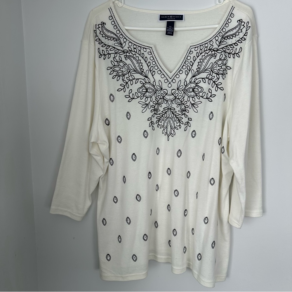 Karen Scott Cream Embellished 3/4 Sleeve Tunic